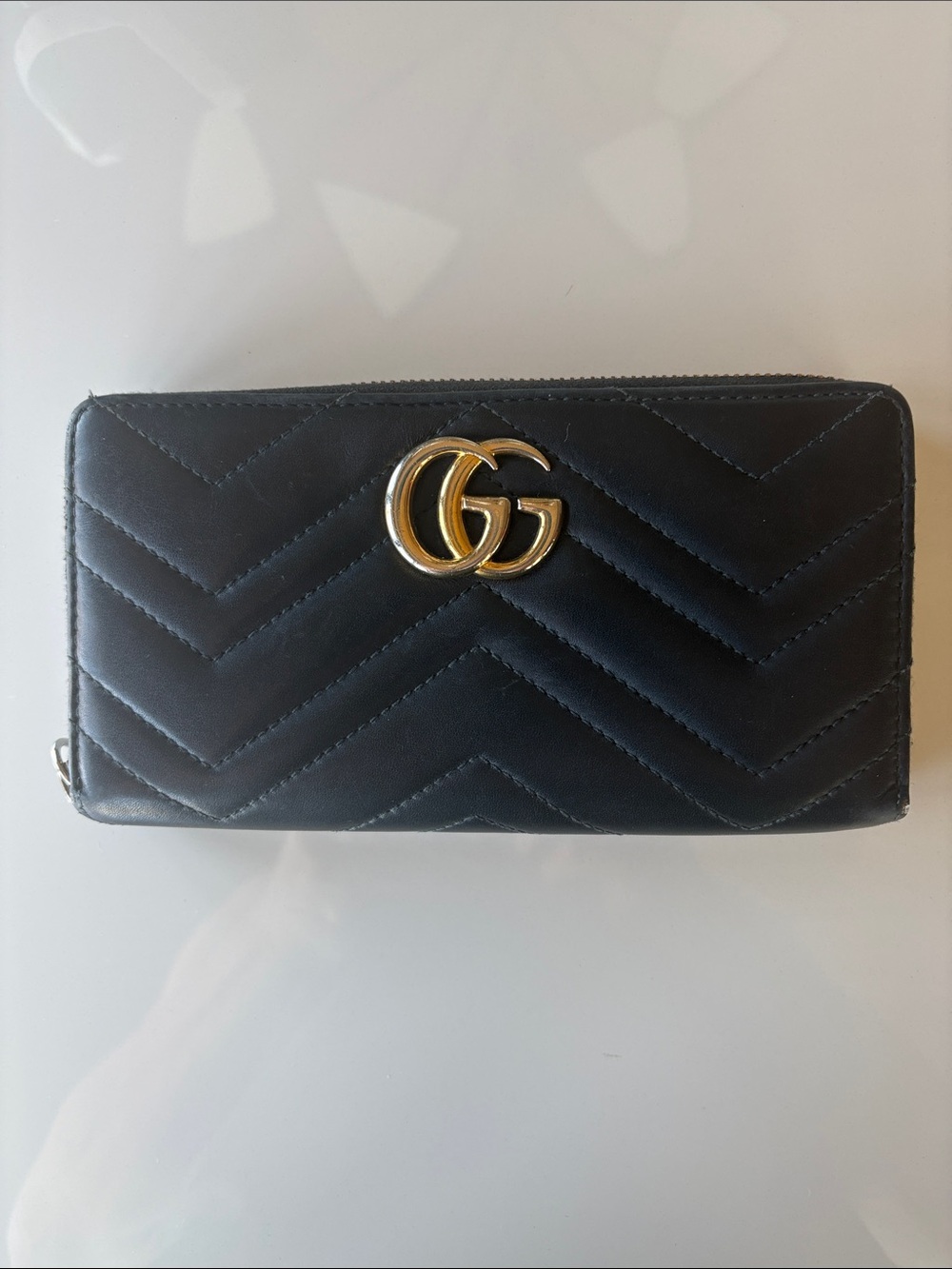 Gucci Black Chevron Quilted Leather Zip-Around Wallet with Gold GG